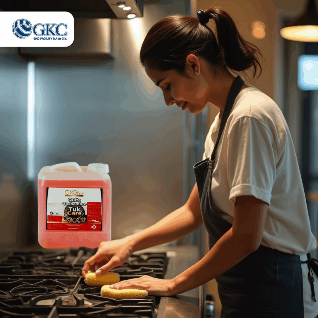 Mujer limpiando estufa de cocina con desengrasante industrial GKC para eliminar grasa y suciedad adherida.